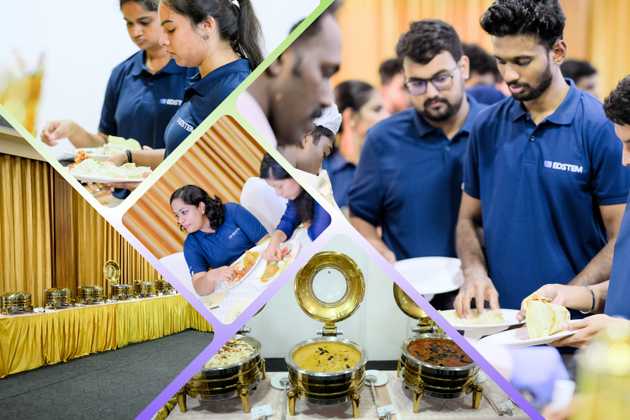 Edstem Technologies team members networking and collaborating over lunch during all-hands company meetup